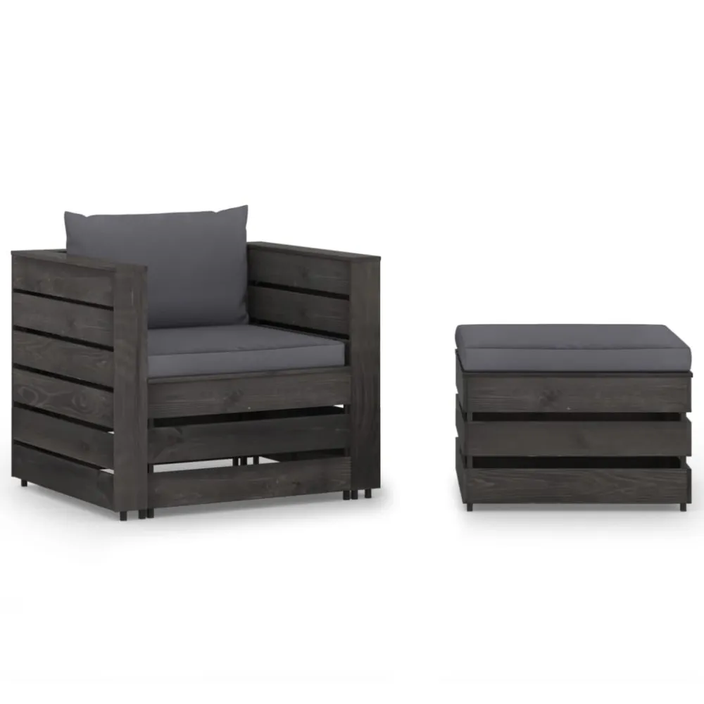 2 pcs conj. lounge jardim + almofadões madeira impreg. cinzento para Relaxamento ao Ar Livre