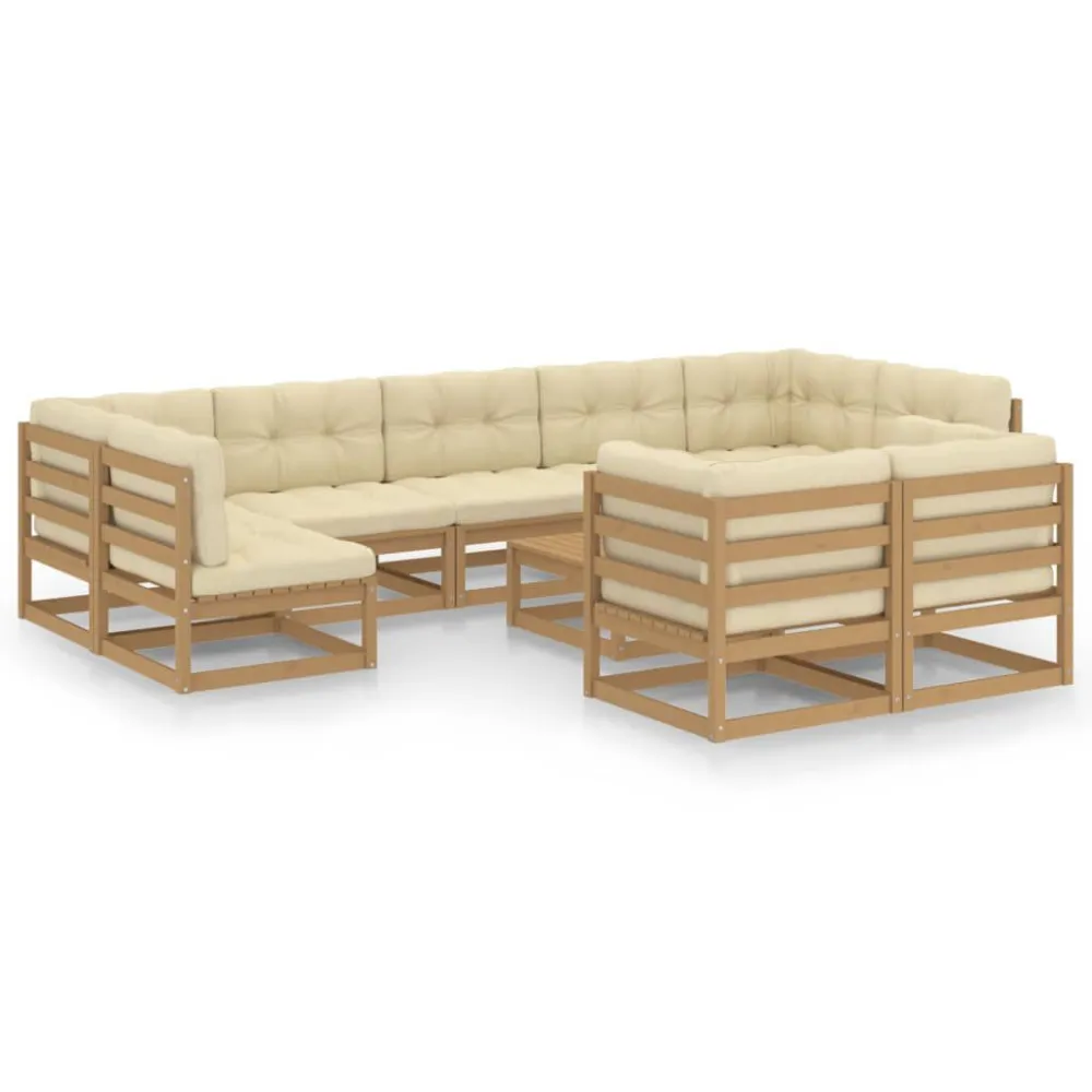 10 pcs conj. lounge jardim almofadões pinho maciço castanho mel com Tecido Impermeável UV