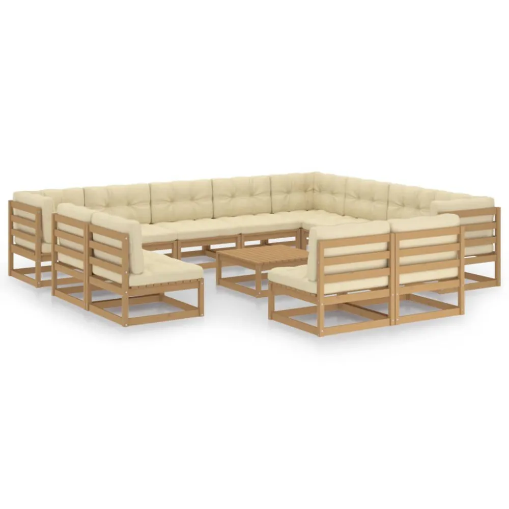 13 pcs conj. lounge jardim almofadões pinho maciço castanho mel | Montagem Fácil e Rápida