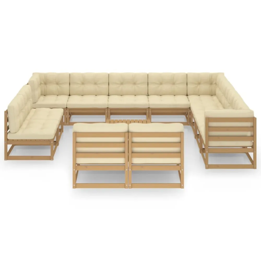 13 pcs conj. lounge jardim almofadões pinho maciço castanho mel | Montagem Fácil e Rápida