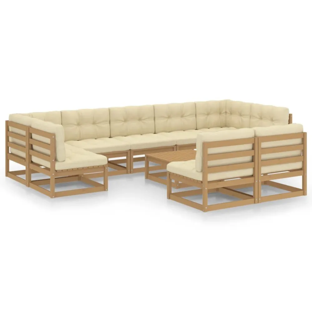 10 pcs conj. lounge jardim almofadões pinho maciço castanho mel com Almofada Inclusa