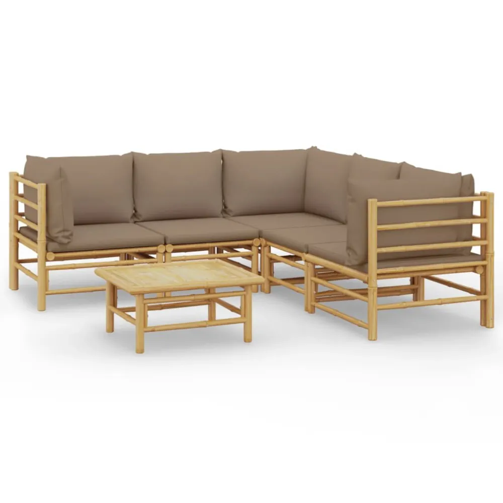 6 pcs conj. lounge jardim bambu almofadões cinzento-acastanhado | Montagem Fácil e Rápida