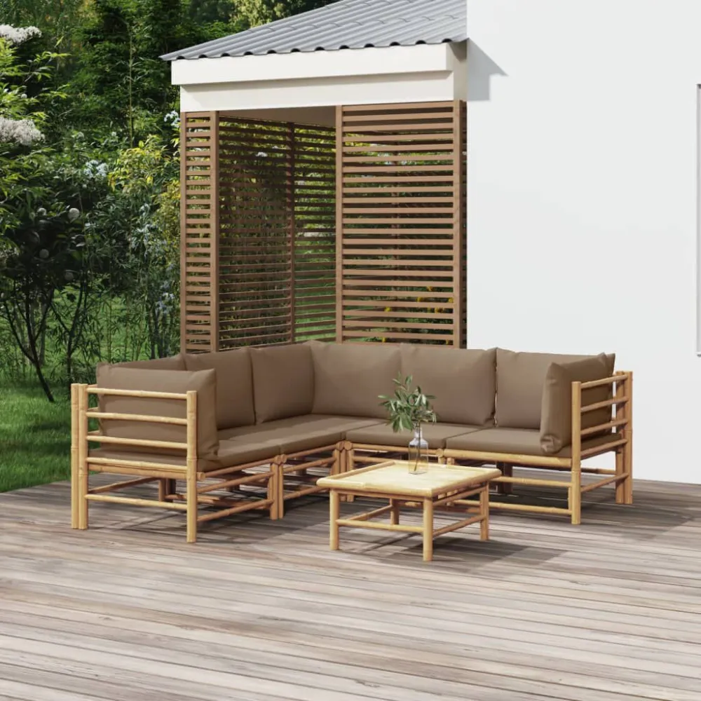6 pcs conj. lounge jardim bambu almofadões cinzento-acastanhado | Montagem Fácil e Rápida