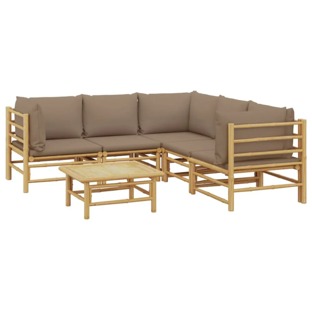 6 pcs conj. lounge jardim bambu almofadões cinzento-acastanhado | Montagem Fácil e Rápida
