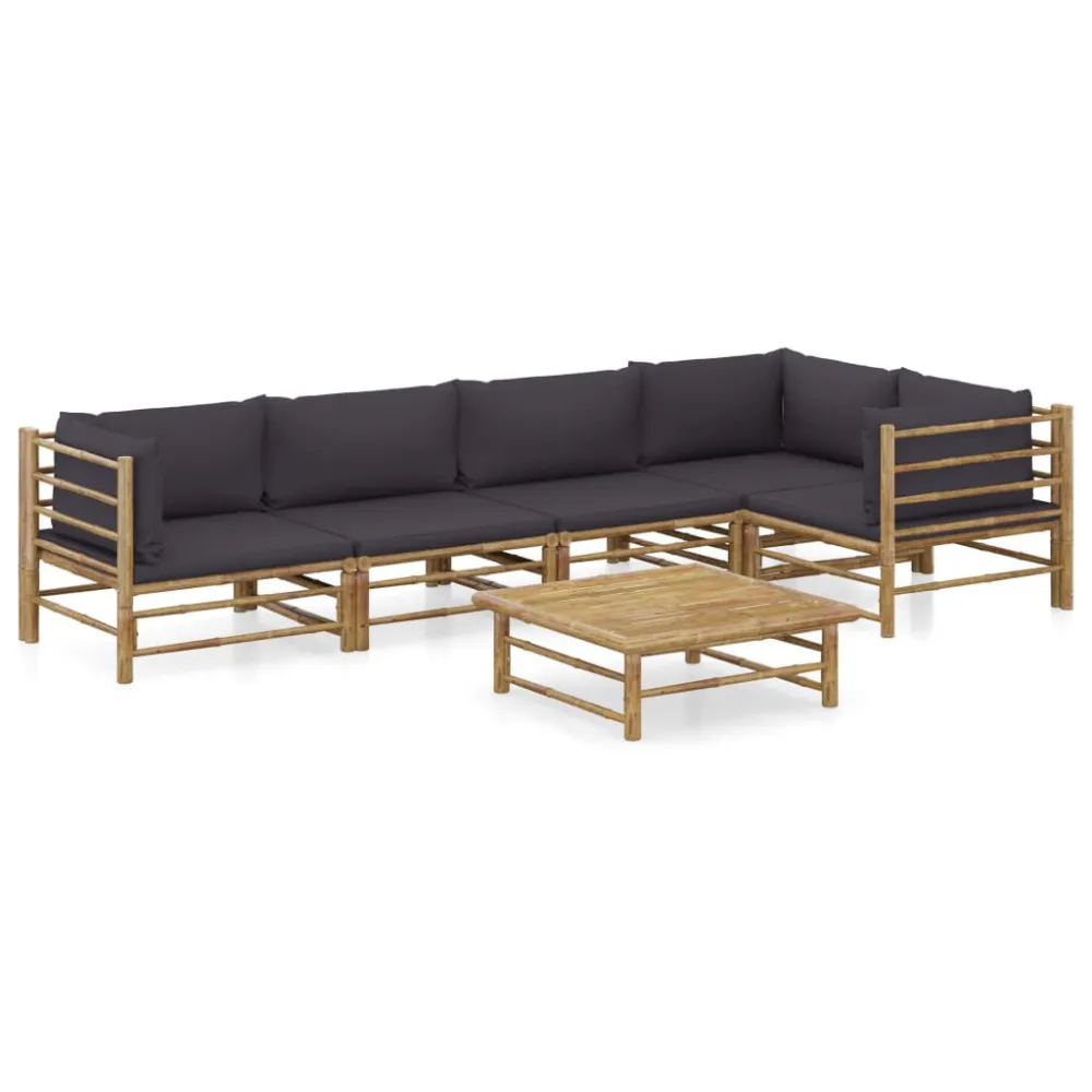 6 pcs conj. lounge jardim em bambu com almofadões cinza-escuro com Encosto Ajustável