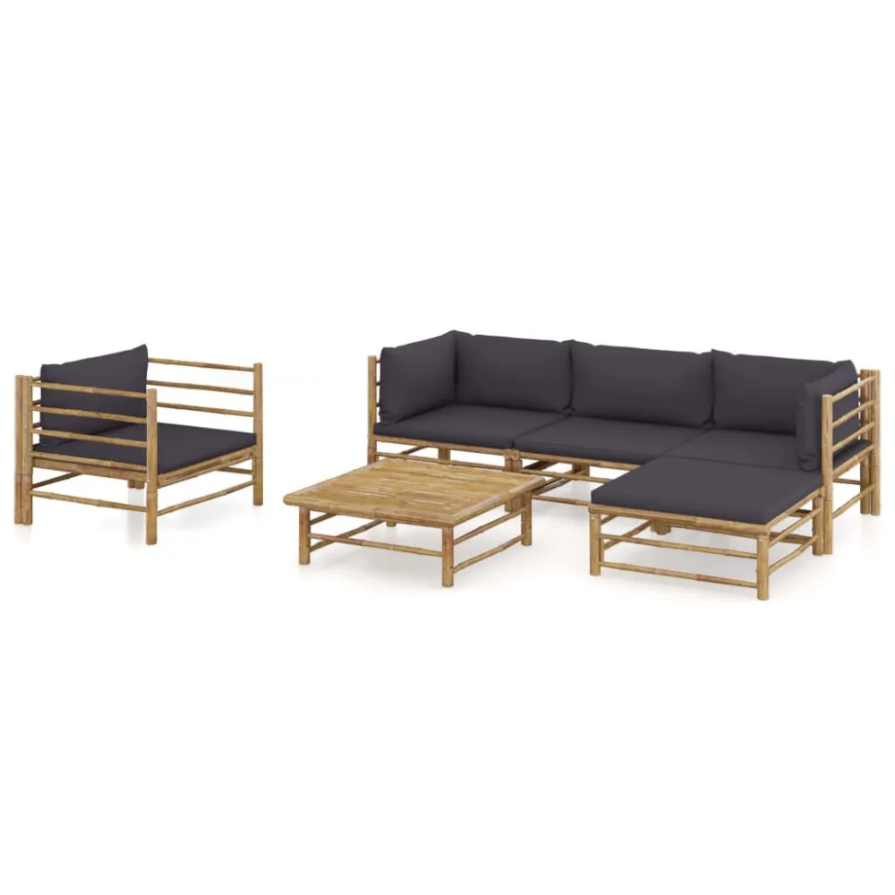 6 pcs conj. lounge jardim em bambu com almofadões cinza-escuro | Montagem Fácil e Rápida