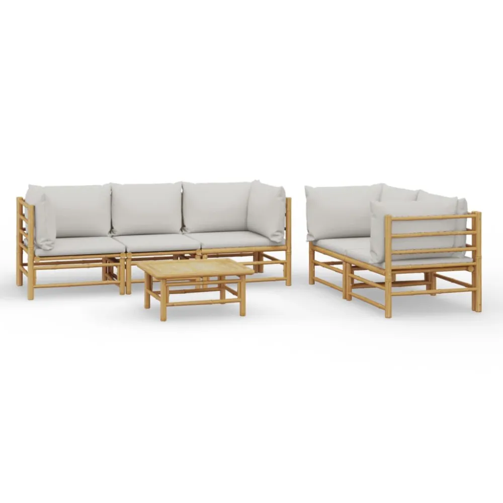6 pcs conj. lounge de jardim bambu com almofadões cinzento-claro Dobrável e Portátil