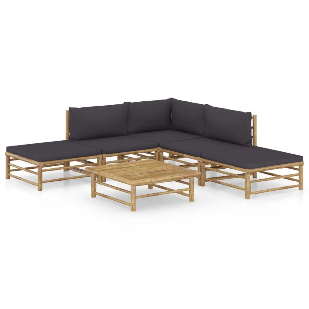 6 pcs conj. lounge jardim em bambu com almofadões cinza-escuro Dobrável e Portátil