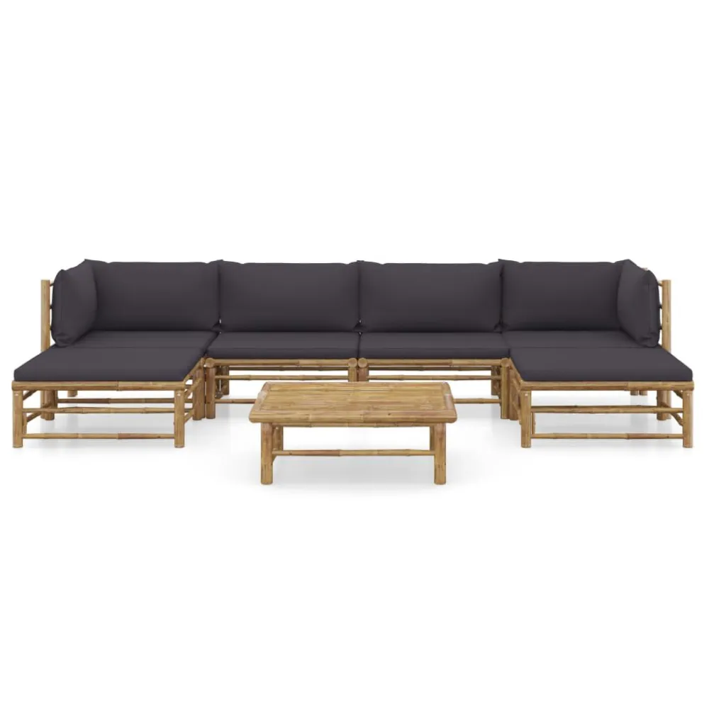 7 pcs conj. lounge jardim em bambu com almofadões cinza-escuro | Resistente à Chuva | Confortável