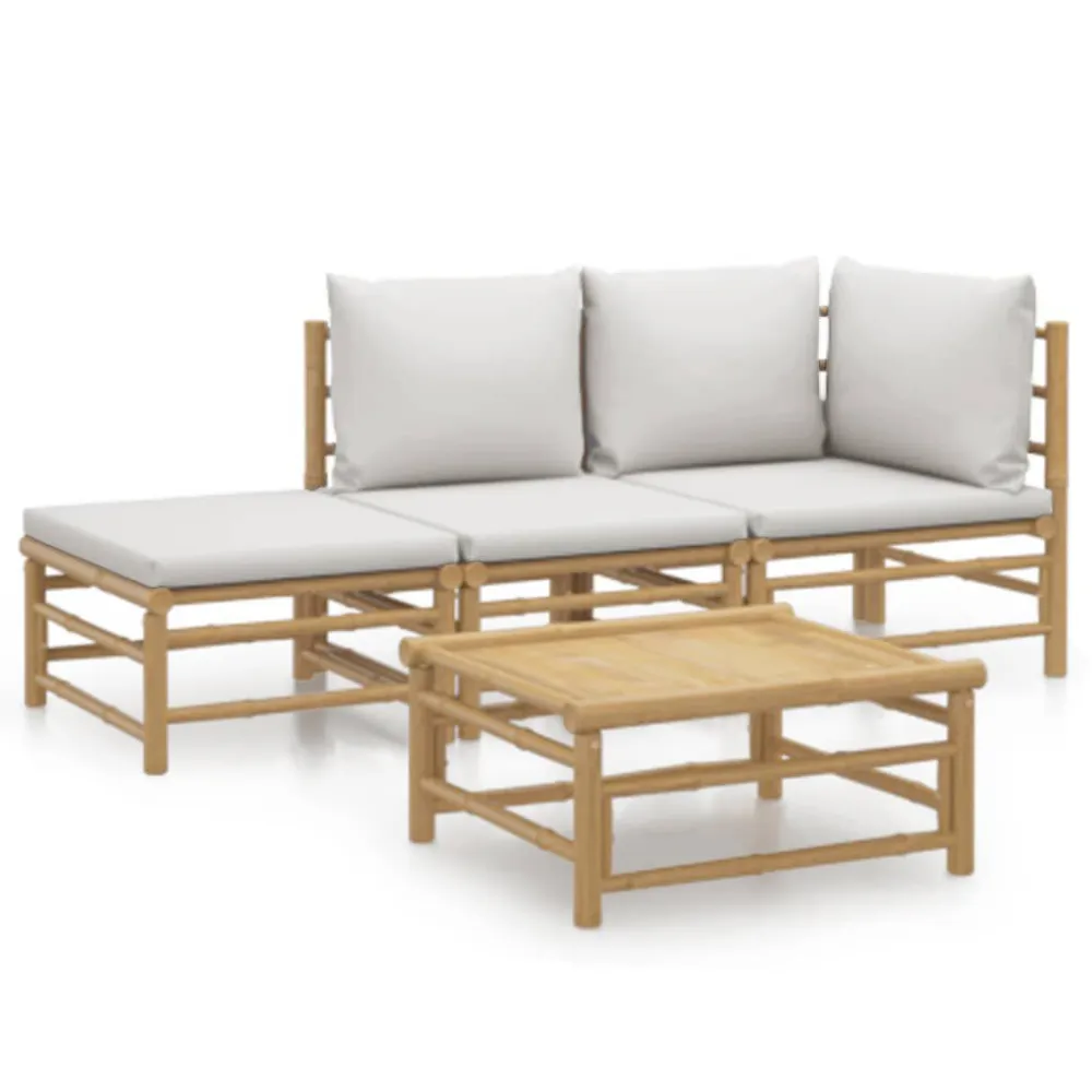 4 pcs conj. lounge de jardim bambu com almofadões cinzento-claro em Tecido Sunbrella