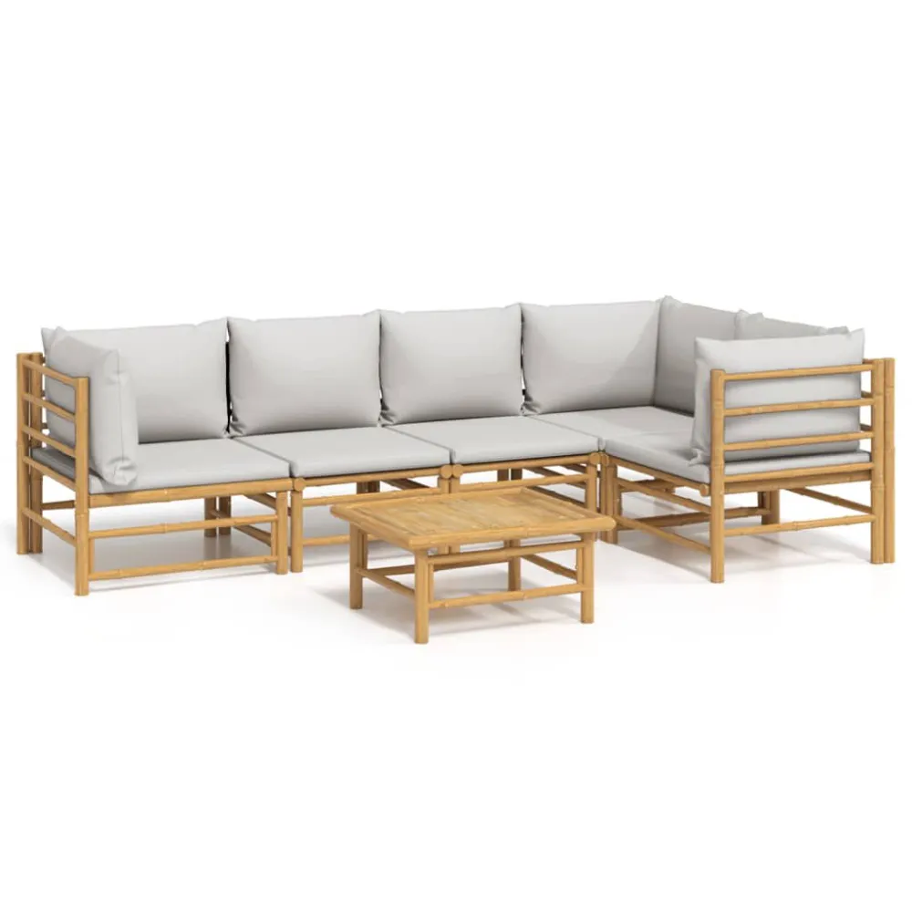 6 pcs conj. lounge de jardim bambu com almofadões cinzento-claro com Encosto Ajustável