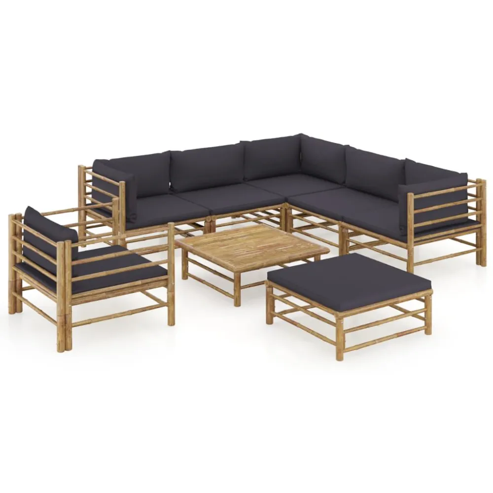 8 pcs conj. lounge jardim em bambu com almofadões cinza-escuro | Resistente à Chuva | Confortável