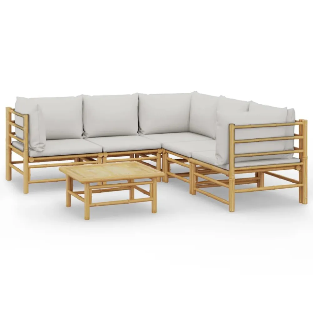 6 pcs conj. lounge de jardim bambu com almofadões cinzento-claro Dobrável e Portátil