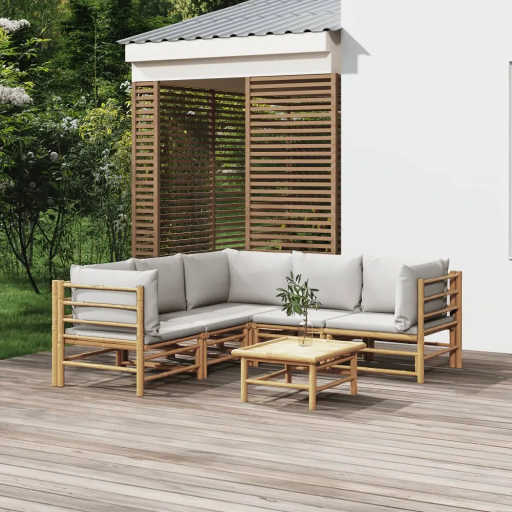 6 pcs conj. lounge de jardim bambu com almofadões cinzento-claro Dobrável e Portátil