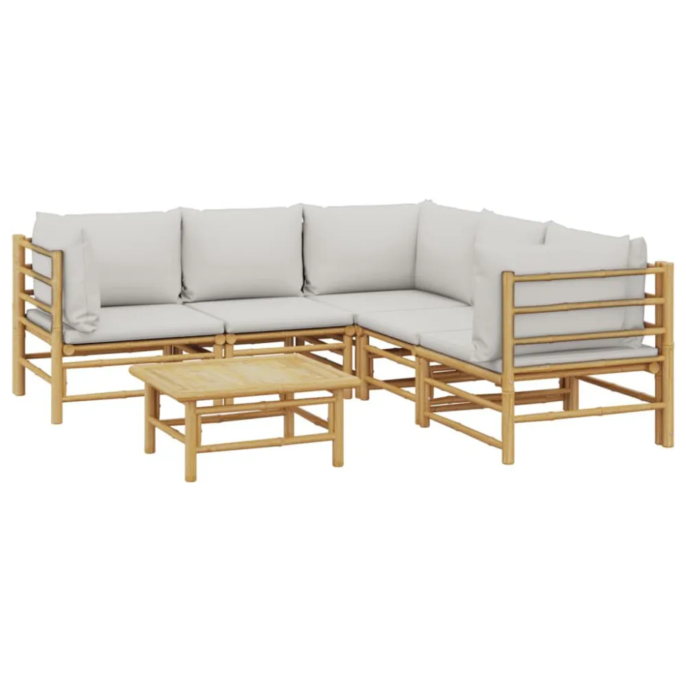 6 pcs conj. lounge de jardim bambu com almofadões cinzento-claro Dobrável e Portátil