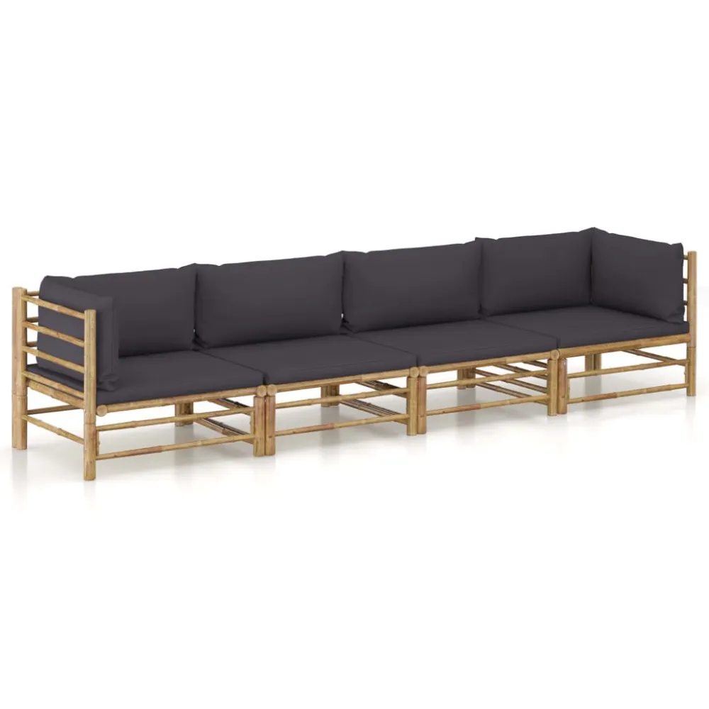 4 pcs conj. lounge jardim em bambu com almofadões cinza-escuro com Tecido Impermeável UV