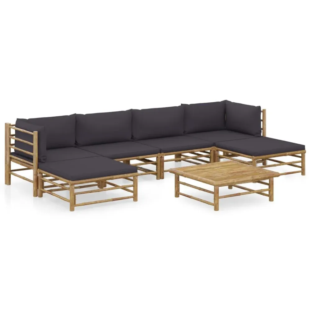 7 pcs conj. lounge jardim em bambu com almofadões cinza-escuro | Resistente à Chuva | Confortável