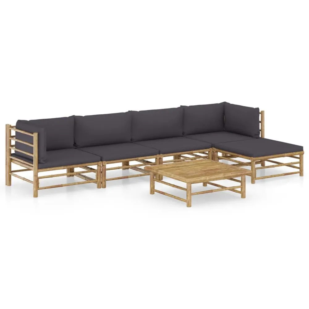 6 pcs conj. lounge jardim em bambu com almofadões cinza-escuro | Montagem Fácil e Rápida