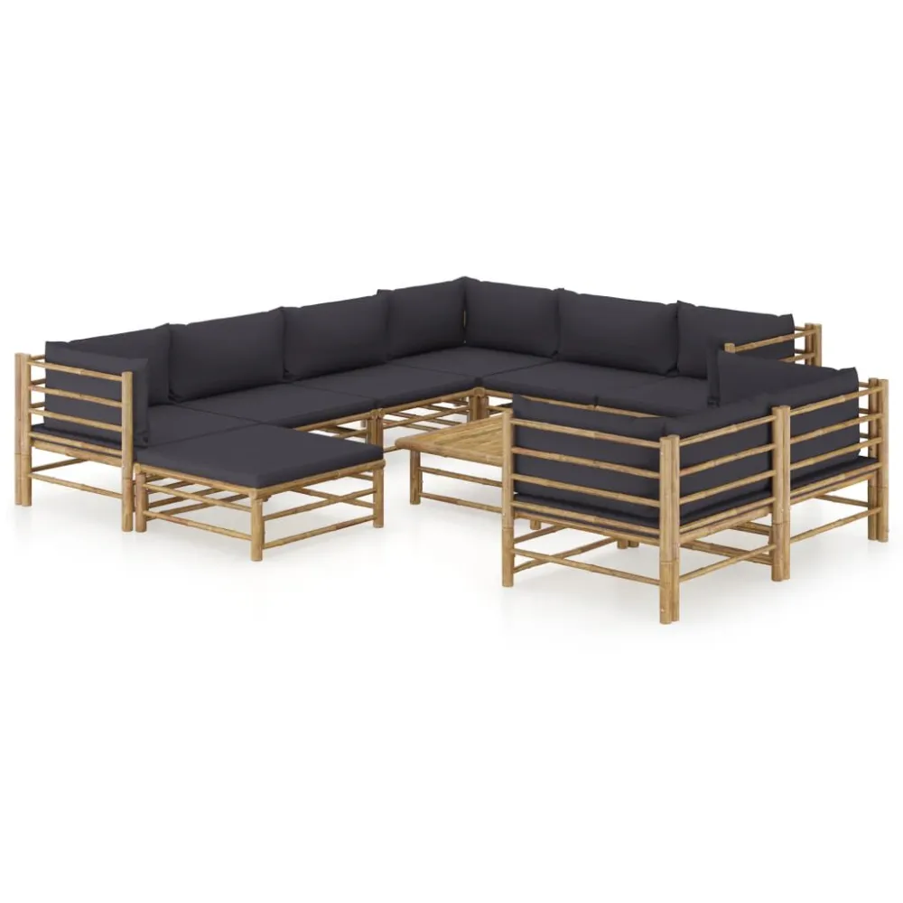 10 pcs conj. lounge jardim em bambu com almofadões cinza-escuro para Relaxamento ao Ar Livre