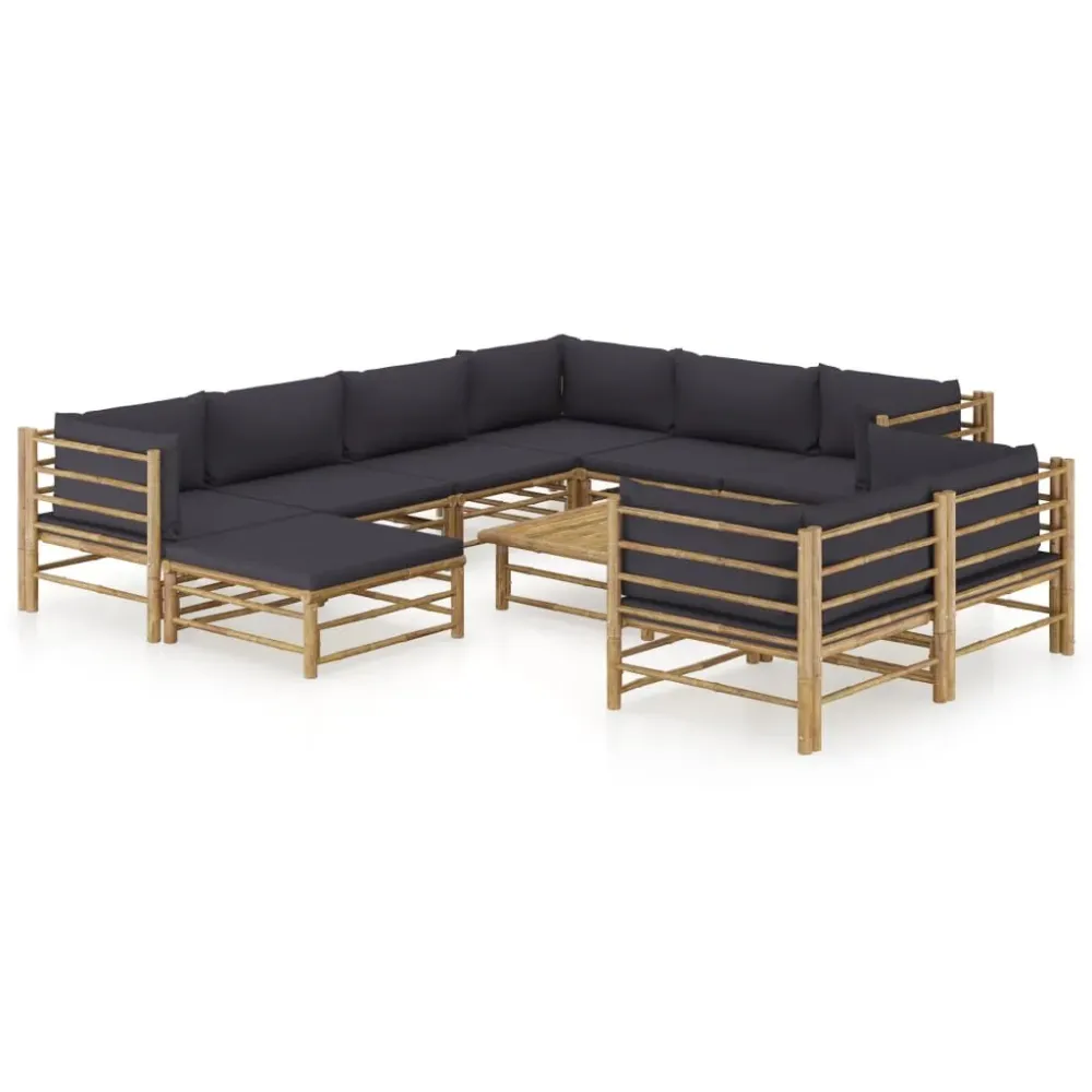 10 pcs conj. lounge jardim em bambu com almofadões cinza-escuro para Relaxamento ao Ar Livre