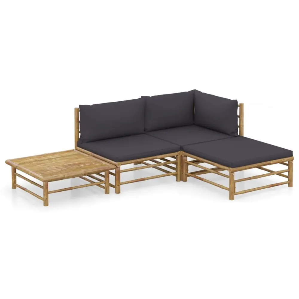 4 pcs conj. lounge jardim em bambu com almofadões cinza-escuro com Tecido Impermeável UV