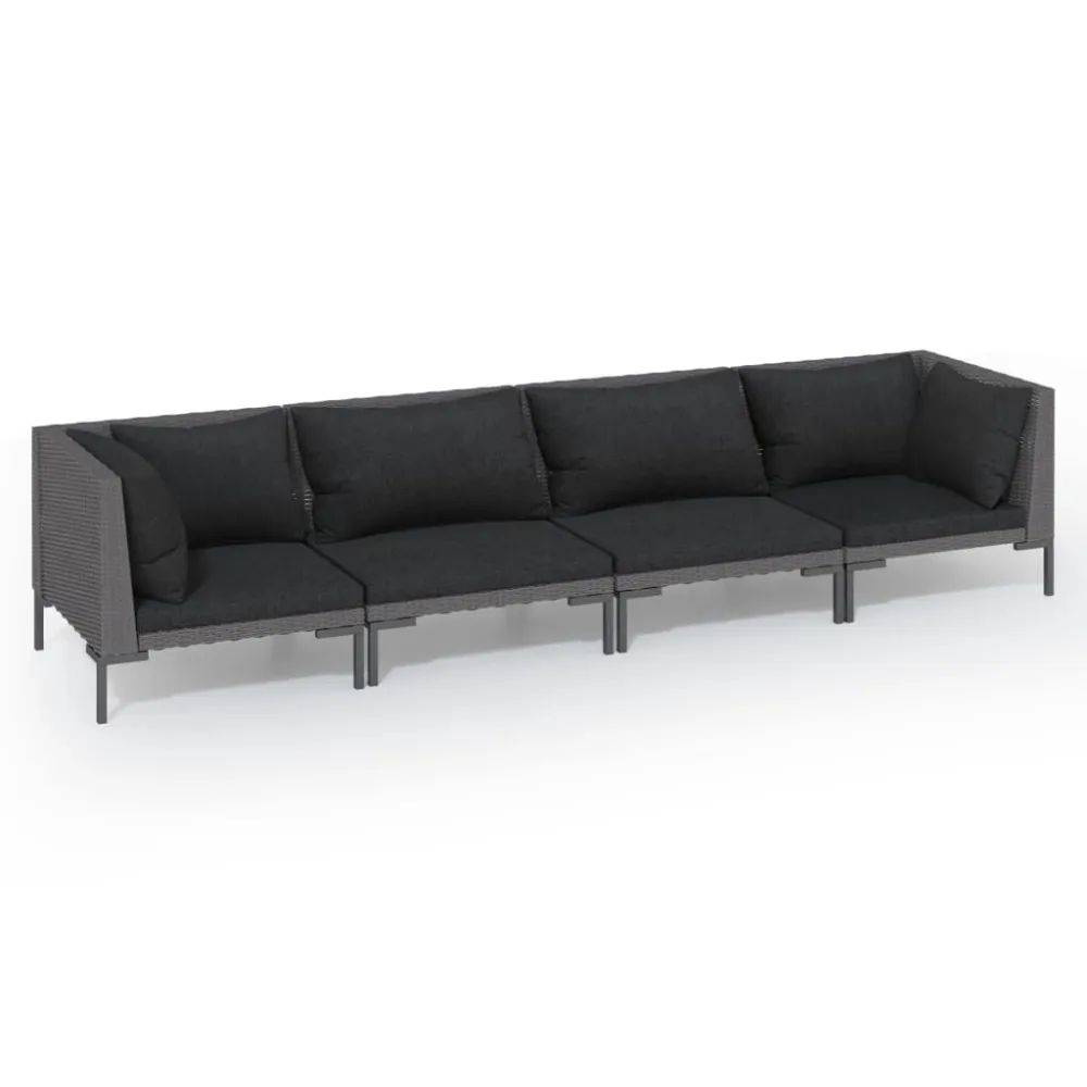 4 pcs conj. lounge jardim com almofadões vime PE cinza-escuro em Ferro Forjado