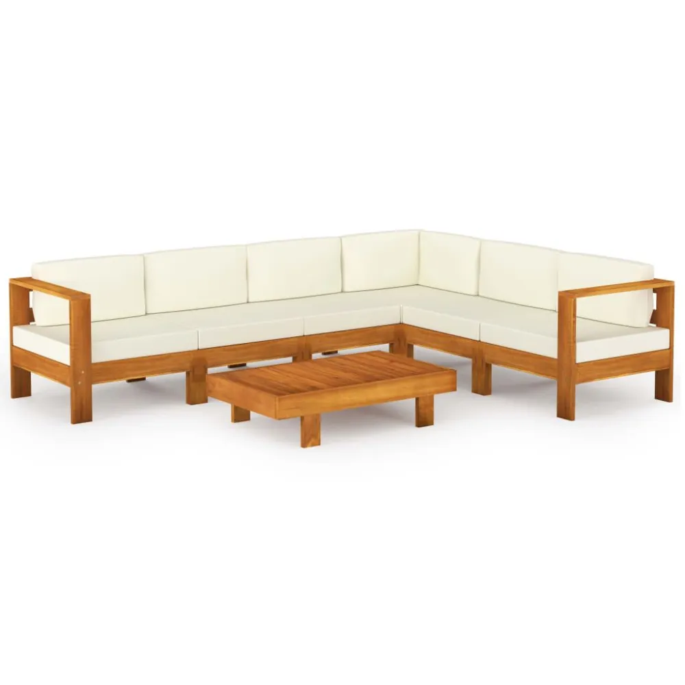 7 pcs conj. lounge de jardim com almofadões branco nata acácia com Apoio para Bebidas