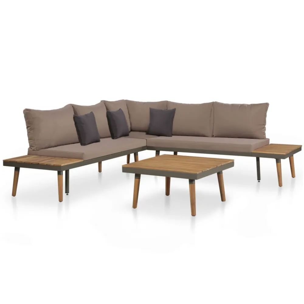4 pcs conj. lounge jardim com almofadões acácia maciç castanho com Tecido Impermeável UV