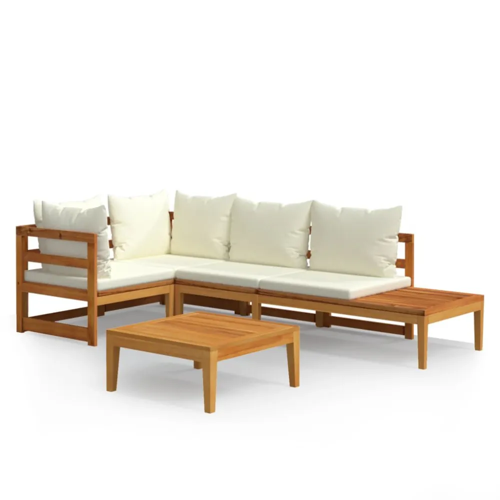 4 pcs conj. lounge de jardim com almofadões branco nata acácia Fácil de Guardar