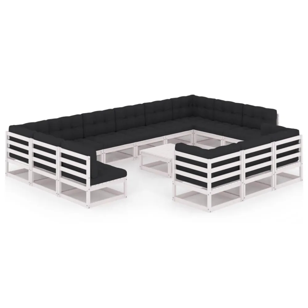 14 pcs conj. lounge de jardim com almofadões pinho maciço branco com Tecido Impermeável UV