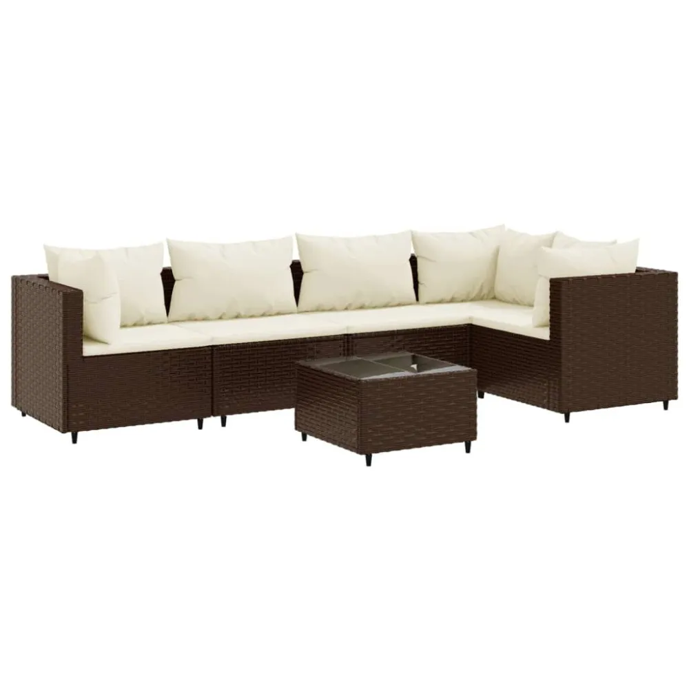 6 pcs conj. lounge jardim com almofadões 6 pcs vime PE castanho com Apoio para Bebidas