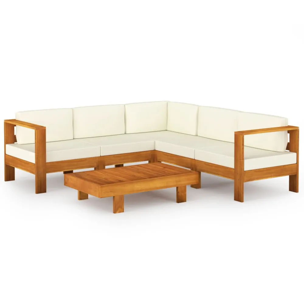 6 pcs conj. lounge de jardim com almofadões branco nata acácia com Tecido Impermeável UV