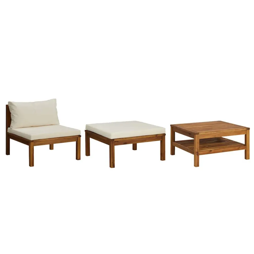 3 pcs conj. lounge de jardim com almofadões branco nata acácia | Montagem Fácil e Rápida