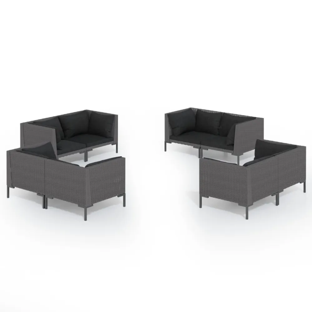 8 pcs conj. lounge jardim com almofadões vime PE cinzento-escuro | Resistente à Chuva | Confortável