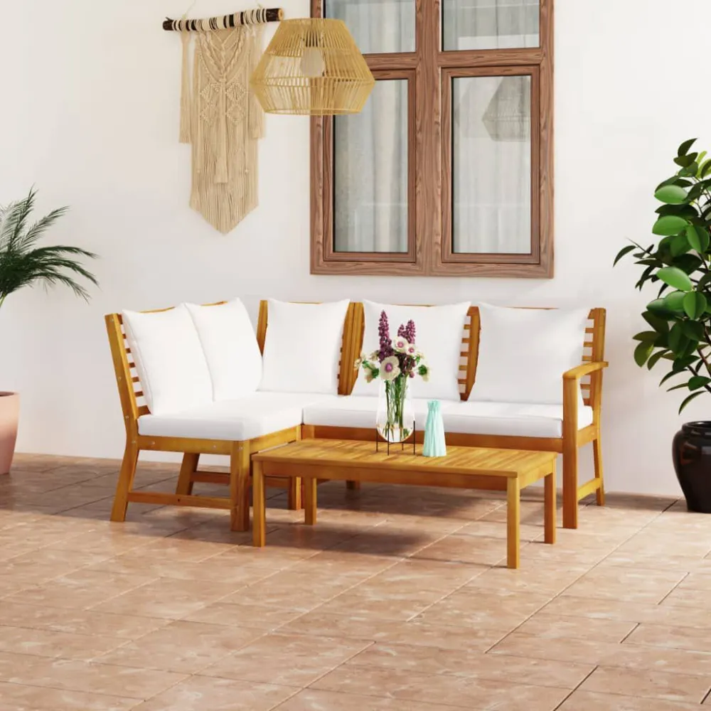 4 pcs conj. lounge jardim com almofadões cor creme acácia maciç com Encosto Ajustável