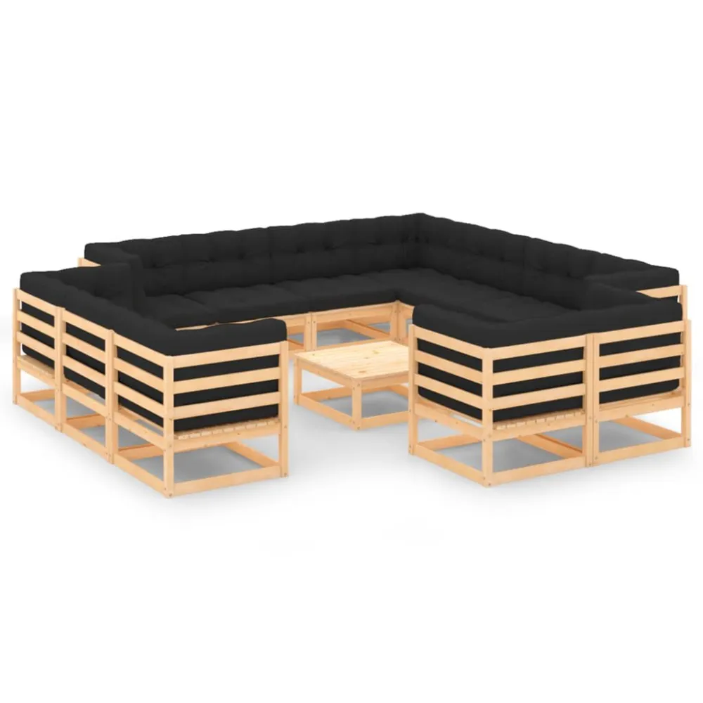 13 pcs conj. lounge jardim com almofadões antracite pinho maciço | Montagem Fácil e Rápida