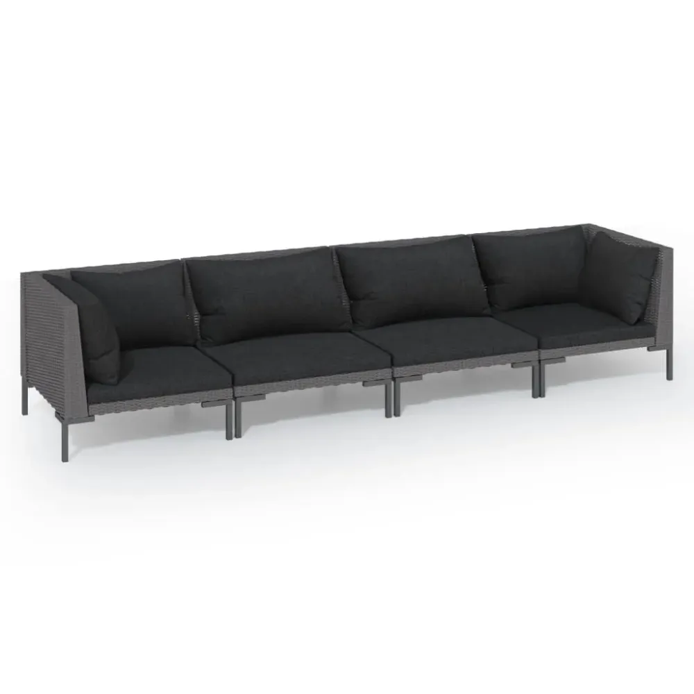 4 pcs conj. lounge jardim com almofadões vime PE cinza-escuro em Ferro Forjado