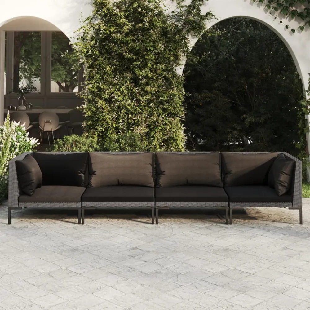 4 pcs conj. lounge jardim com almofadões vime PE cinza-escuro em Ferro Forjado