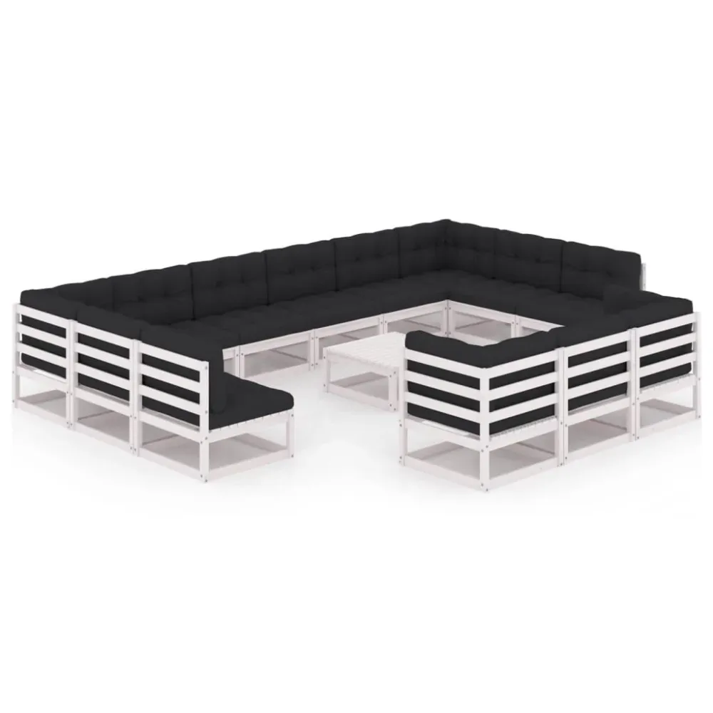 14 pcs conj. lounge de jardim com almofadões pinho maciço branco com Tecido Impermeável UV