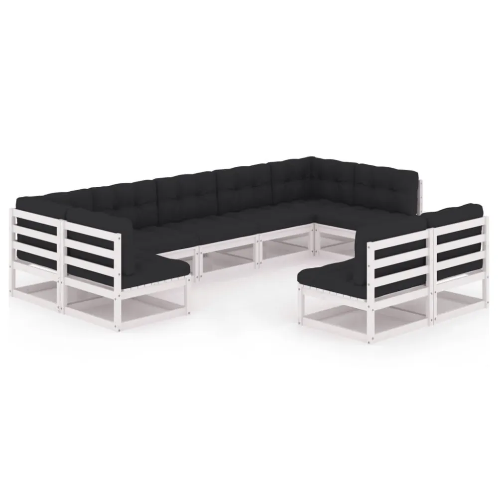 9 pcs conj. lounge de jardim com almofadões pinho maciço branco em Ferro Forjado