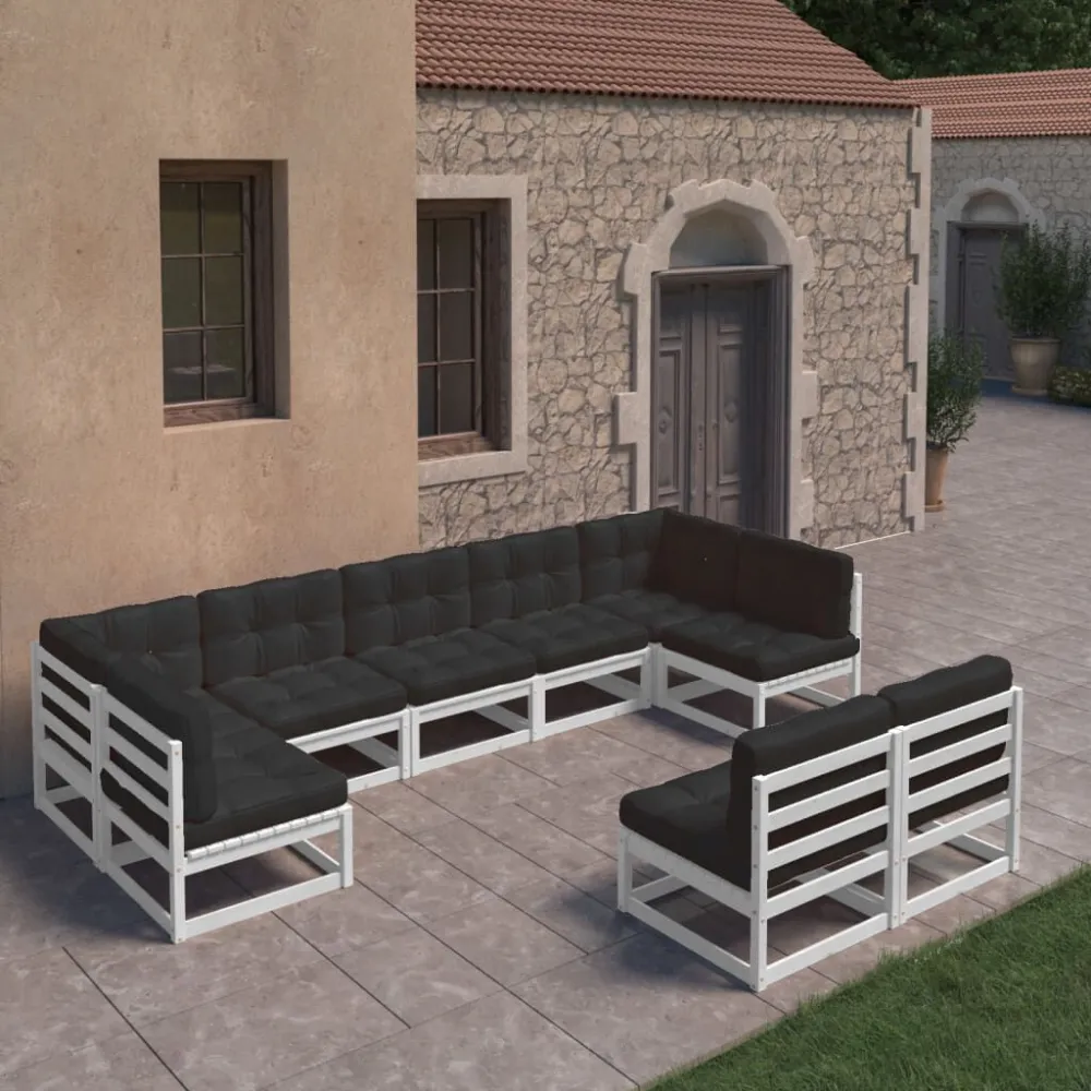 9 pcs conj. lounge de jardim com almofadões pinho maciço branco em Ferro Forjado