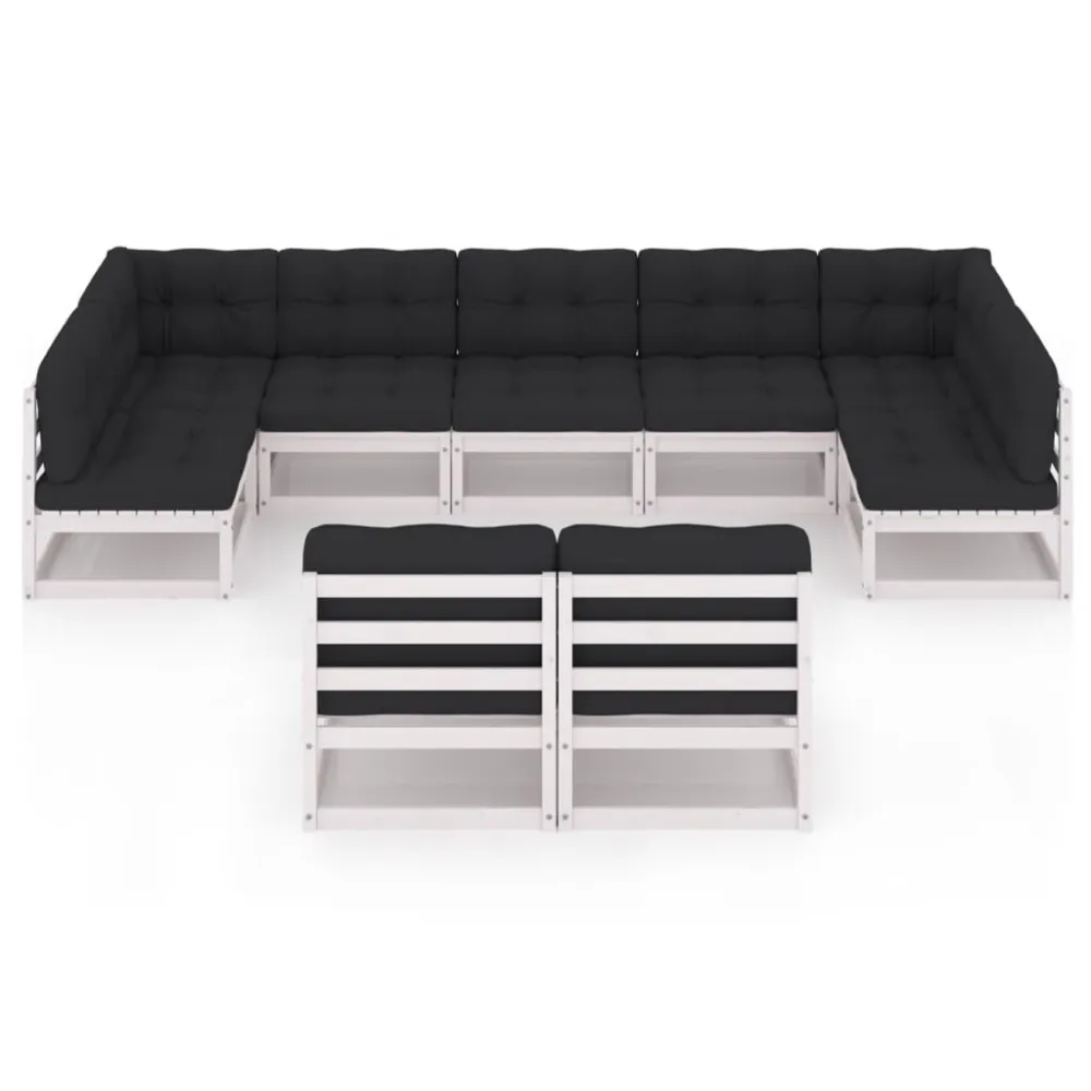 9 pcs conj. lounge de jardim com almofadões pinho maciço branco em Ferro Forjado