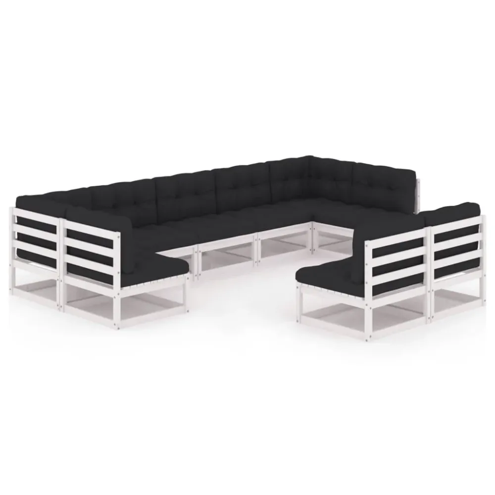 9 pcs conj. lounge de jardim com almofadões pinho maciço branco em Ferro Forjado