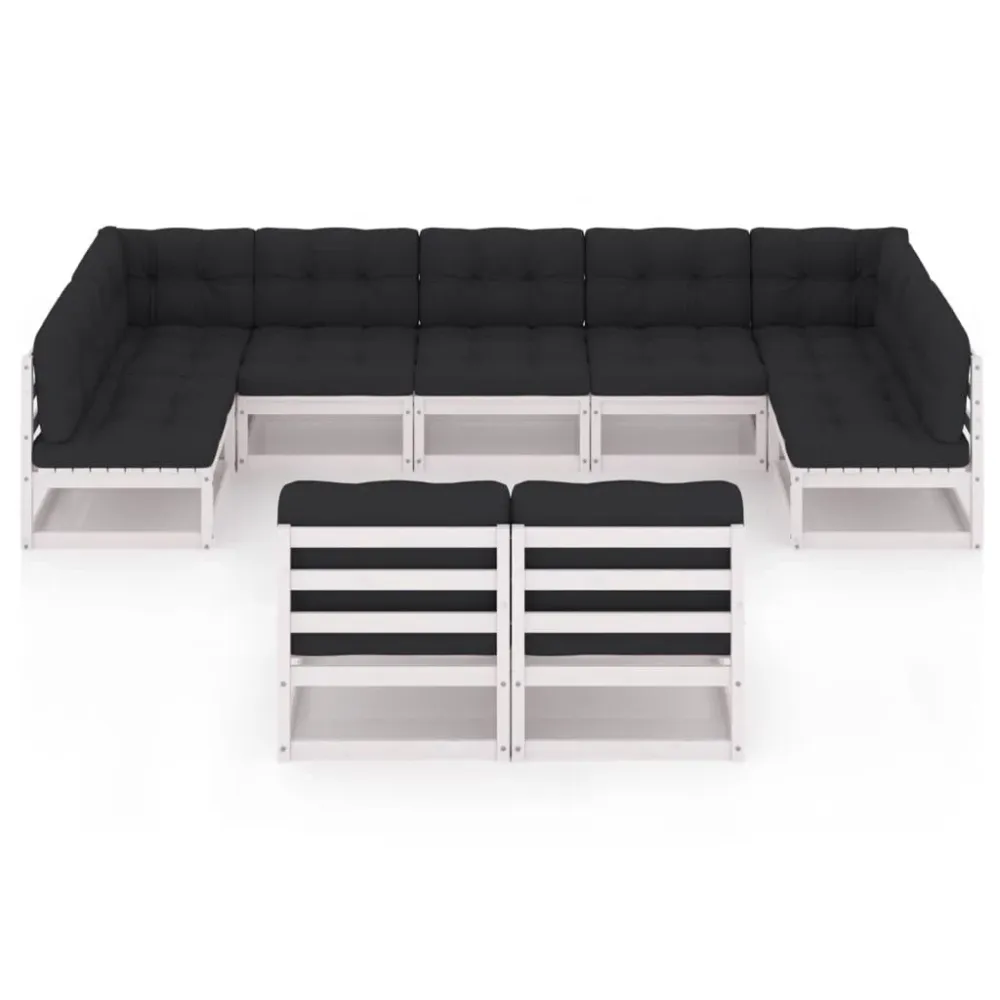 9 pcs conj. lounge de jardim com almofadões pinho maciço branco em Ferro Forjado