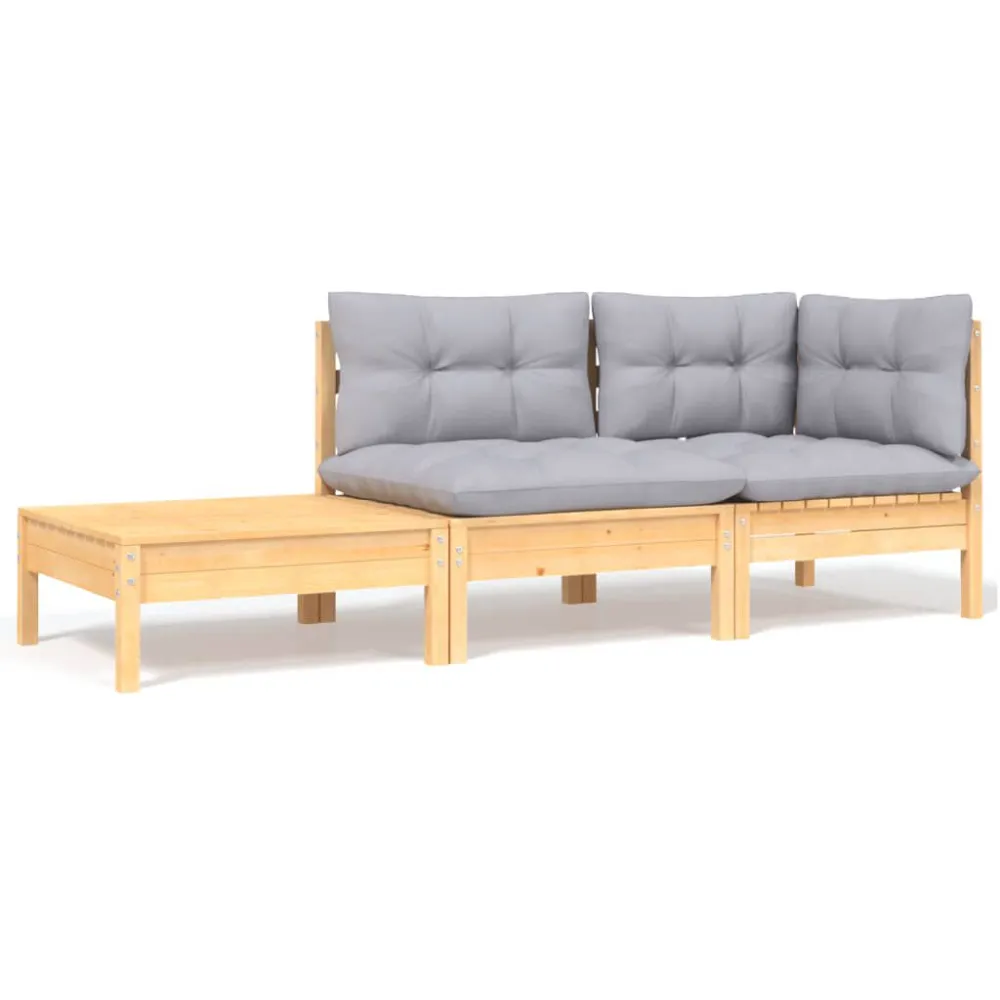 3 pcs conj. lounge jardim com almofadões cinzentos pinho maciço com Encosto Ajustável
