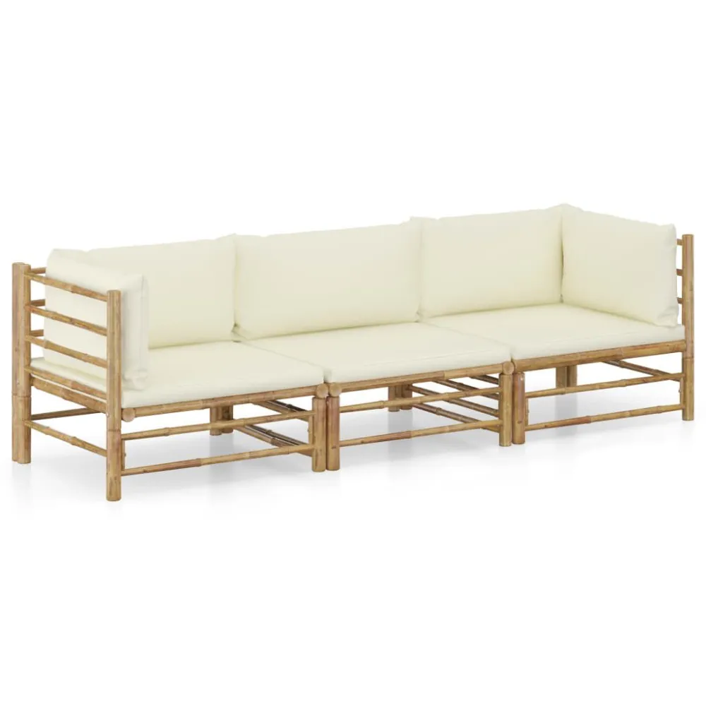 3 pcs conj. lounge para jardim em bambu com almofadões branco nata Dobrável e Portátil