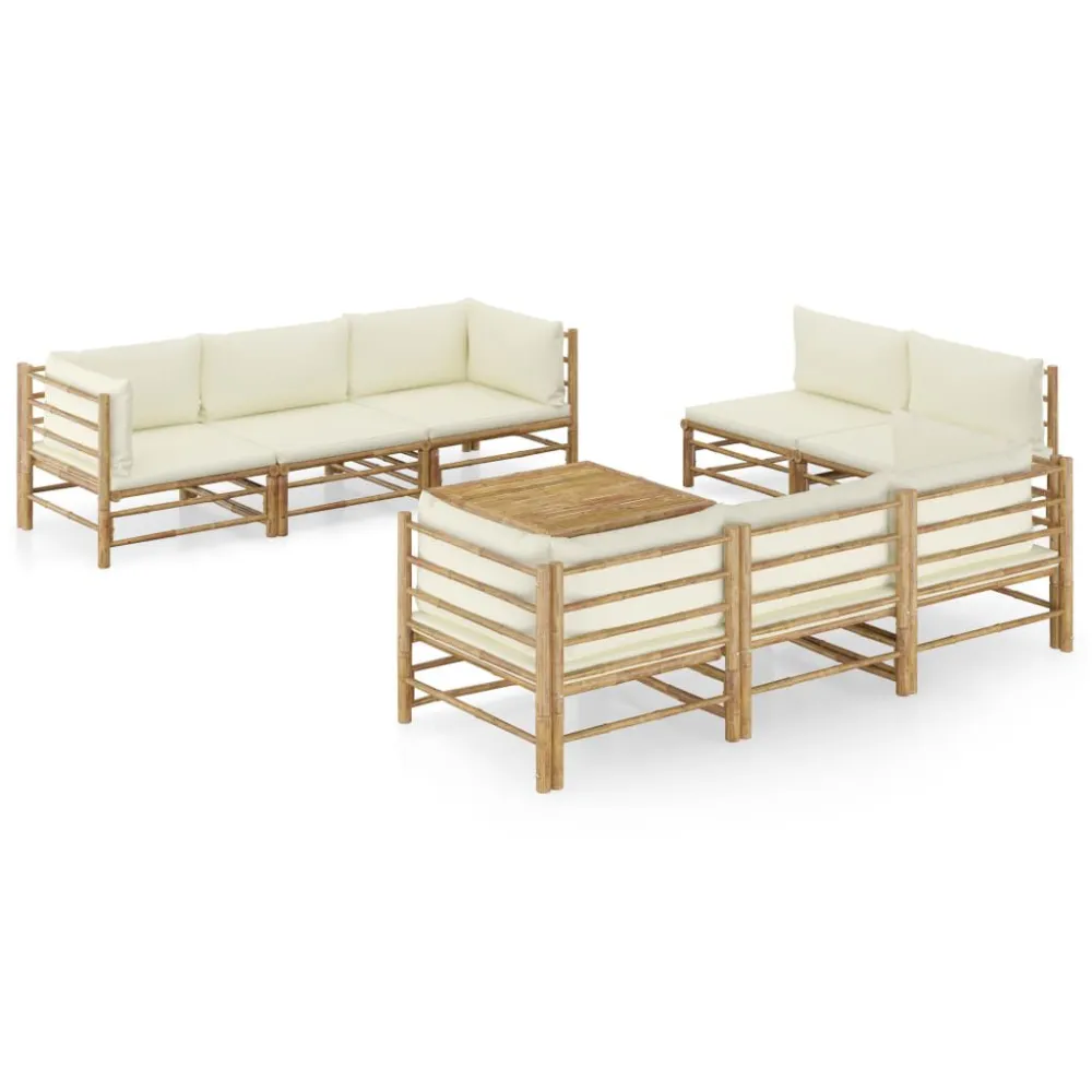 9 pcs conj. lounge para jardim em bambu com almofadões branco nata para Relaxamento ao Ar Livre