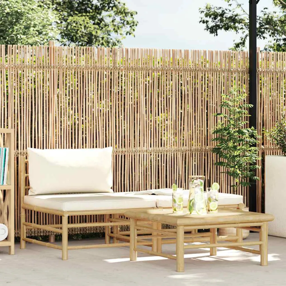3 pcs conj. lounge para jardim em bambu com almofadões branco nata em Tecido Sunbrella
