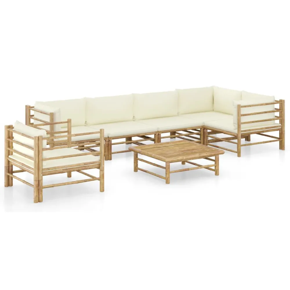 7 pcs conj. lounge para jardim em bambu com almofadões branco nata com Estrutura em Alumínio