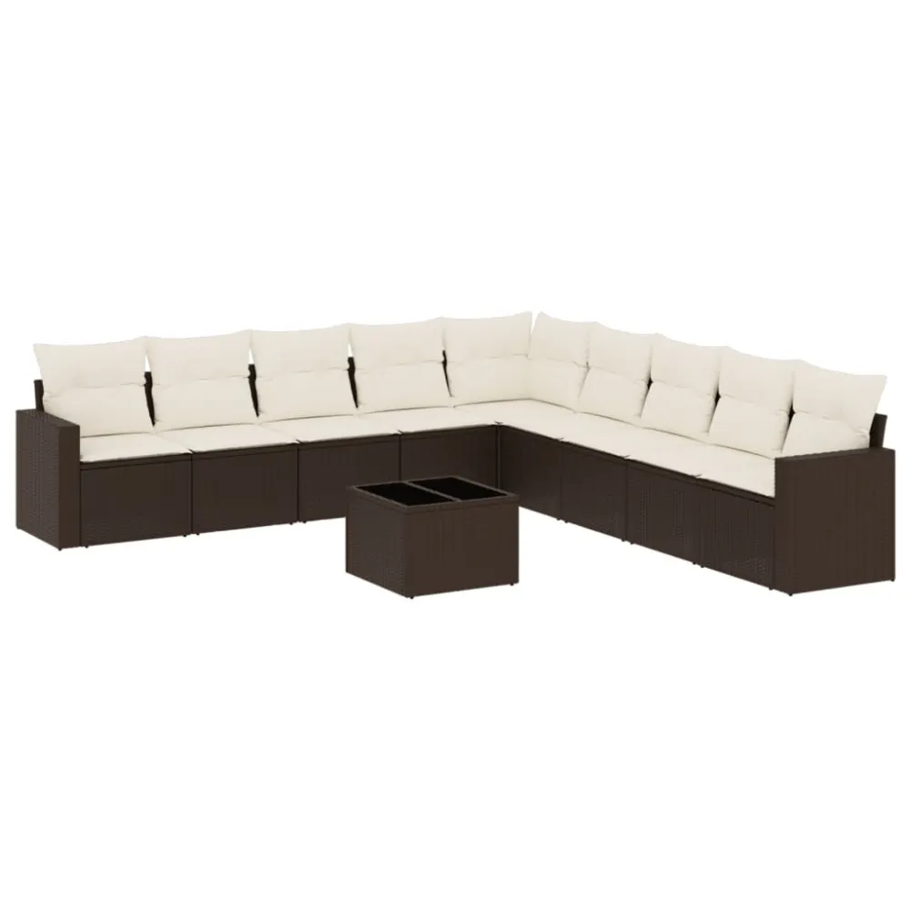 10 pcs conj. sofás jardim com almofadões vime PE castanho | Montagem Fácil e Rápida